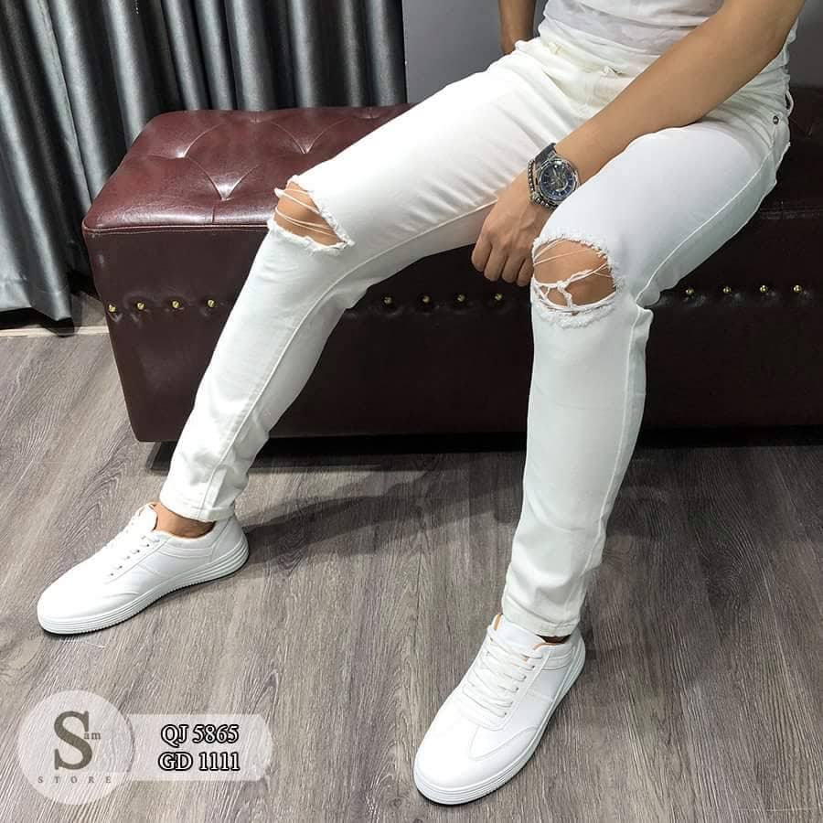 Quần jean nam ống ôm màu trắng rách gối chất bò co giãn bốn chiều thời trang cao cấp NEWSHOP702