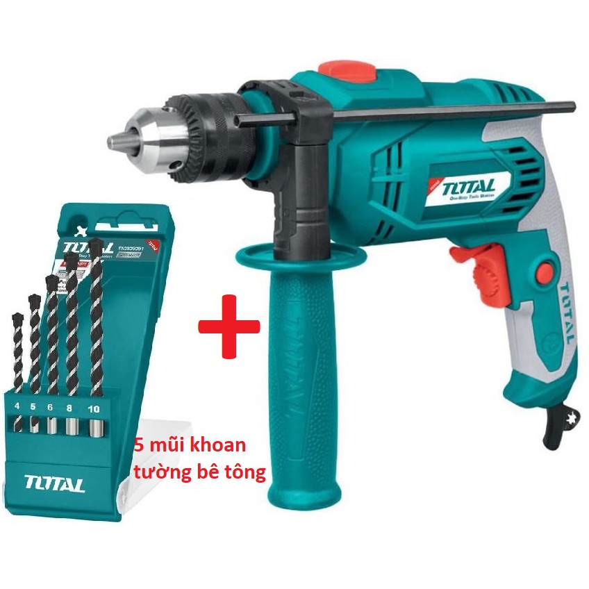 TOTAL Bộ Máy khoan tặng 5 Mũi Khoan tường 13mm 650W TG106136E TACSD5051