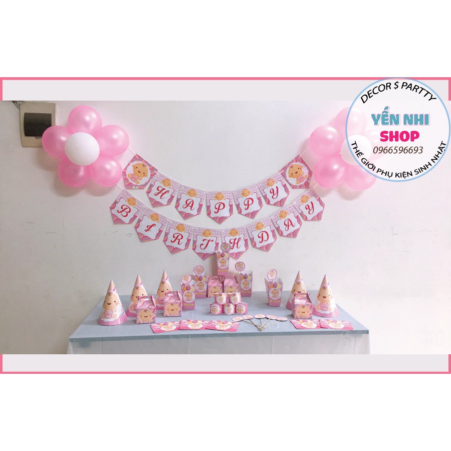 Trang trí bàn tiệc sinh nhật , sét bày bàn sinh nhật 07 chi tiết mẫu em bé hồng cho bé gái- YẾN NHI SHOP