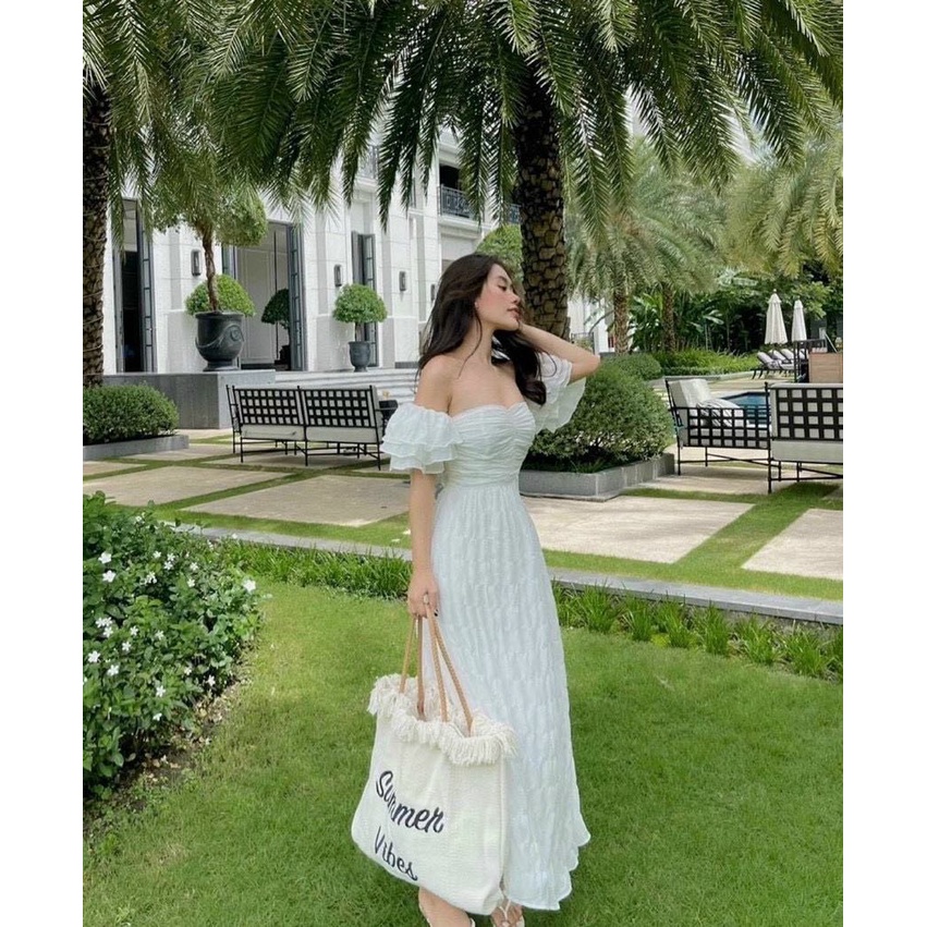 Đầm MAXI trễ vai thanh lịch quyến rũ chất vải xốp nhúng siêu đẹp ( có mút ngực ) fashionzero - 95233