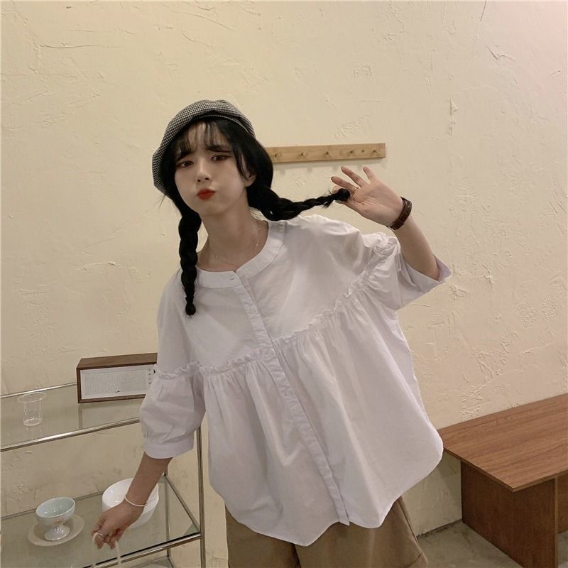 (ORDER) Áo babydoll trắng tay lỡ phồng tiểu thư cổ trụ kiểu sơ mi phong cách nữ sinh Hàn Quốc