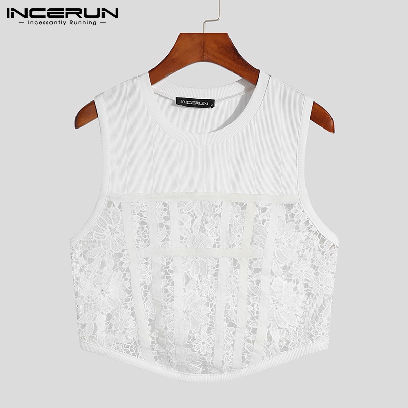 Áo ba lỗ INCERUN cổ tròn phối ren không tay thoáng mát sành điệu cho nam