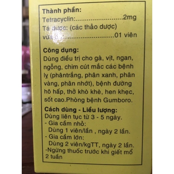 VIÊN ÔN THANH TETRACYCIN LỌ 32 VIÊN Dùng cho gà, vịt Phân xanh, phân trắng, phân vàng, hô hấp, khò khè, hen khẹc