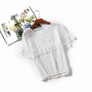 Áo voan nữ chấm trắng phối bèo tay bo dưới TQXK