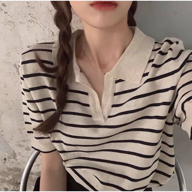 Áo nữ Fm Style polo sọc ngang chất vải dệt kim phong cách phối đồ dễ 210717045 | BigBuy360 - bigbuy360.vn