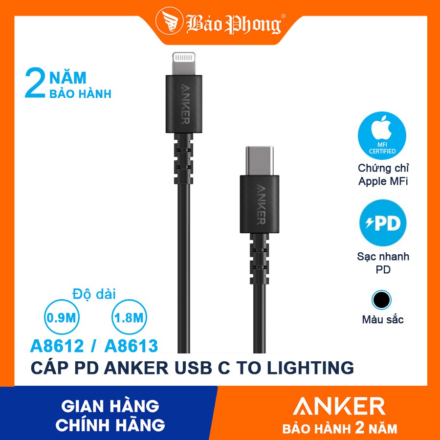 Dây Cáp Sạc Nhanh iPhone Anker A8613 / A8612 PD Type C to lightning cho IP 11 12 pro max X Xs 6 7 8 plus ipad chính hãng