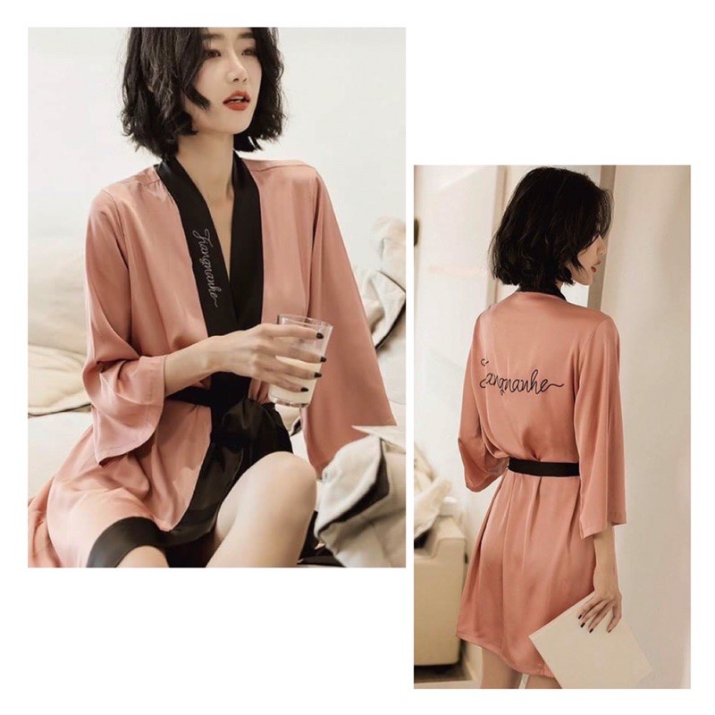 D096-ÁO CHOÀNG THẮT EO ĐÍNH CHỮ KIMONO (VER 1) - CHẤT LIỆU LỤA SATIN CAO CẤP SANG TRỌNG
