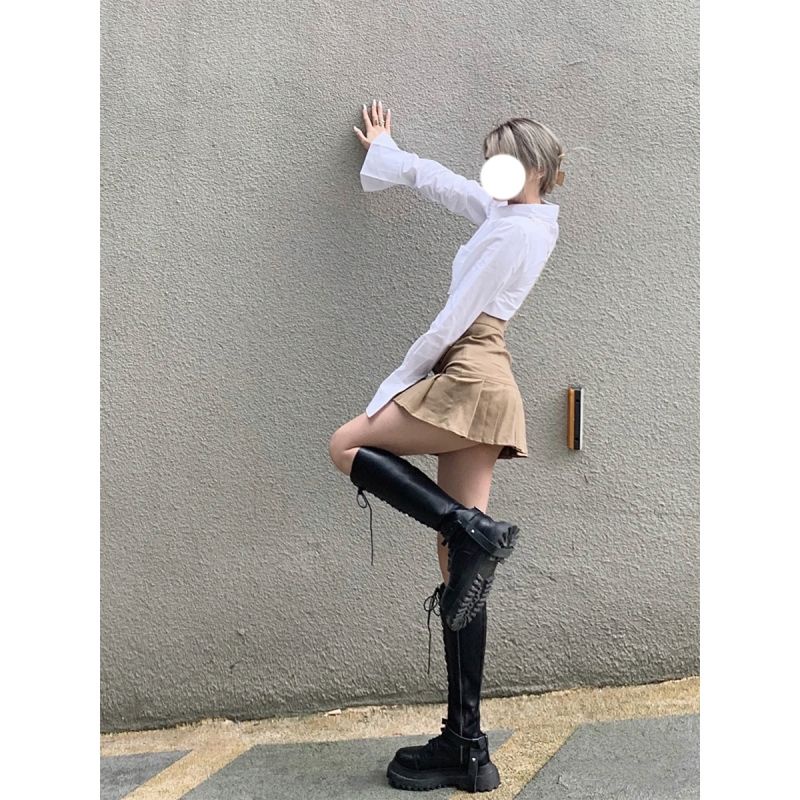 Set áo sơ mi hot girl dáng ngắn gợi cảm kiểu cách + chân váy ôm dáng cạp cao trẻ trung