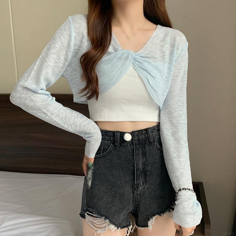 Áo Croptop Tay Dài Cổ Chữ V Phong Cách Hàn Quốc Thời Trang Cho Nữ