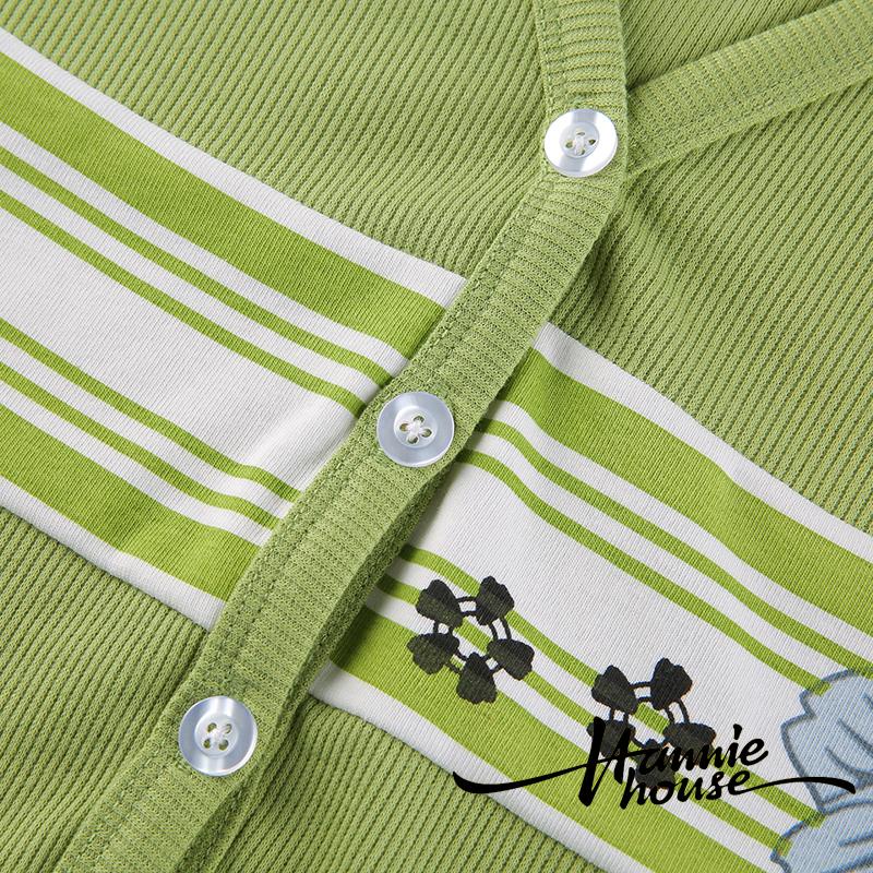 Áo croptop dệt kim tay ngắn cổ V cài nút in hình hoa quyến rũ cho nữ