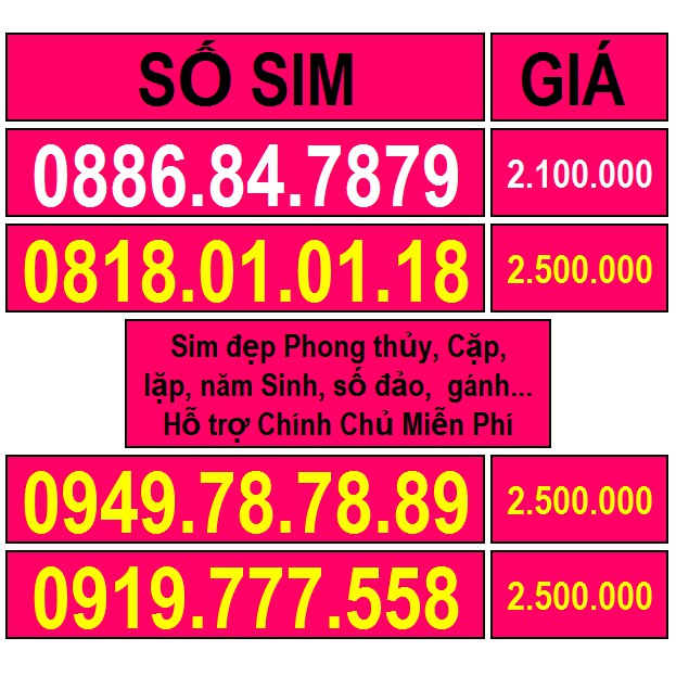 Số Đẹp Gánh Lặp Cặp Đảo Tiến Phong Thủy Năm Sinh Tam hoa Soi Gương ... 1triệu700k đến 3triệu200k Miễn phí ĐK chính chủ