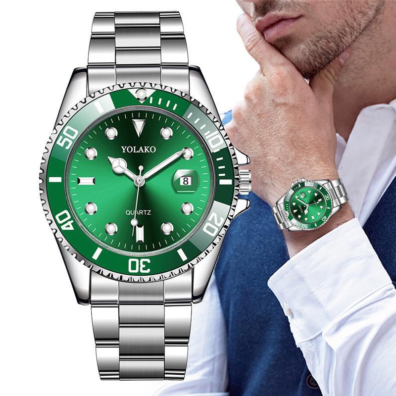 Kính Lúp Mới Lịch Mặt Số Màu Xanh Lá Cây Đồng Hồ Nam Dây đeo Bằng Thép Bạc Đồng Hồ đeo Tay Sang Trọng Quà Tặng WH0968-68