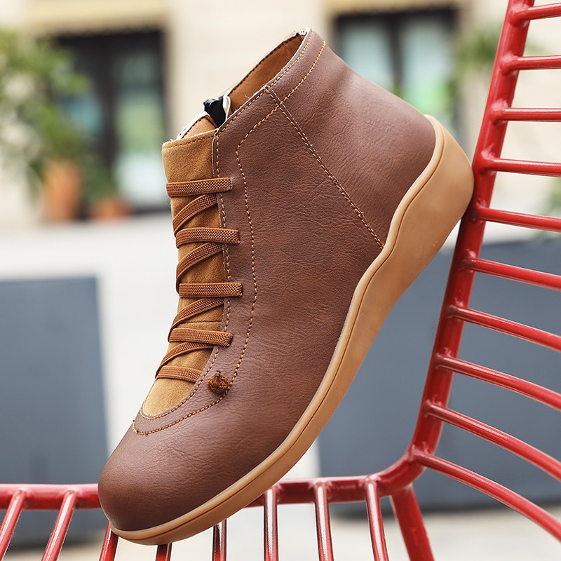 Trendy classic English zipper and lacing winter leather boots for women