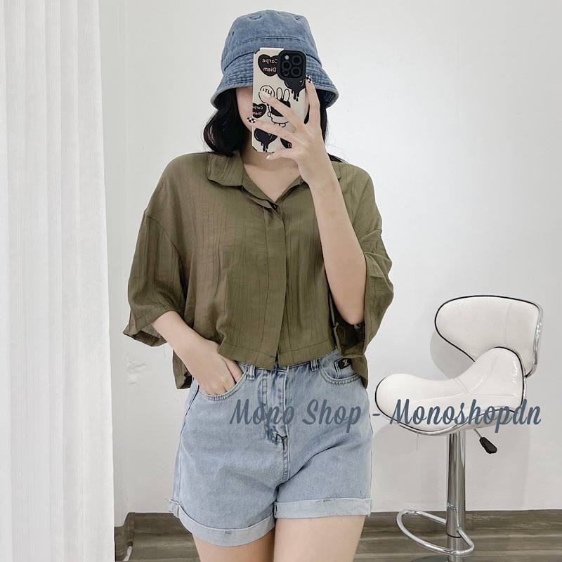Áo sơ mi croptop linen cổ bẻ dáng dơi Ảnh thật/ sẵn