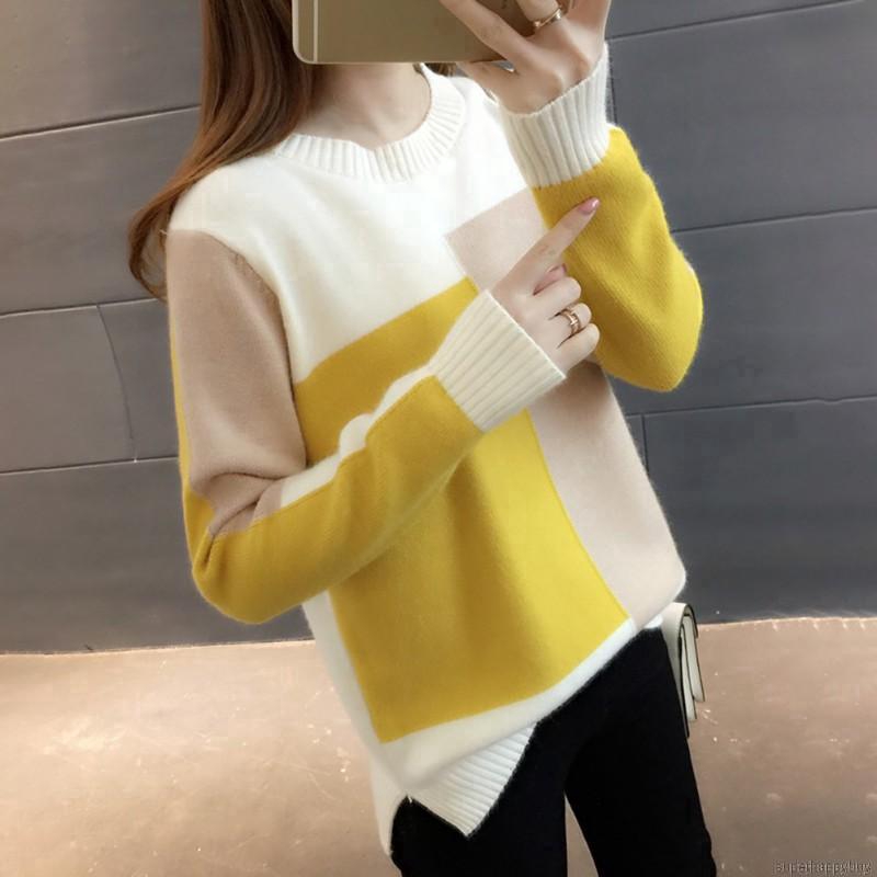 Áo Sweater dệt kim tay dài thiết kế màu tương phản cho phái nữ