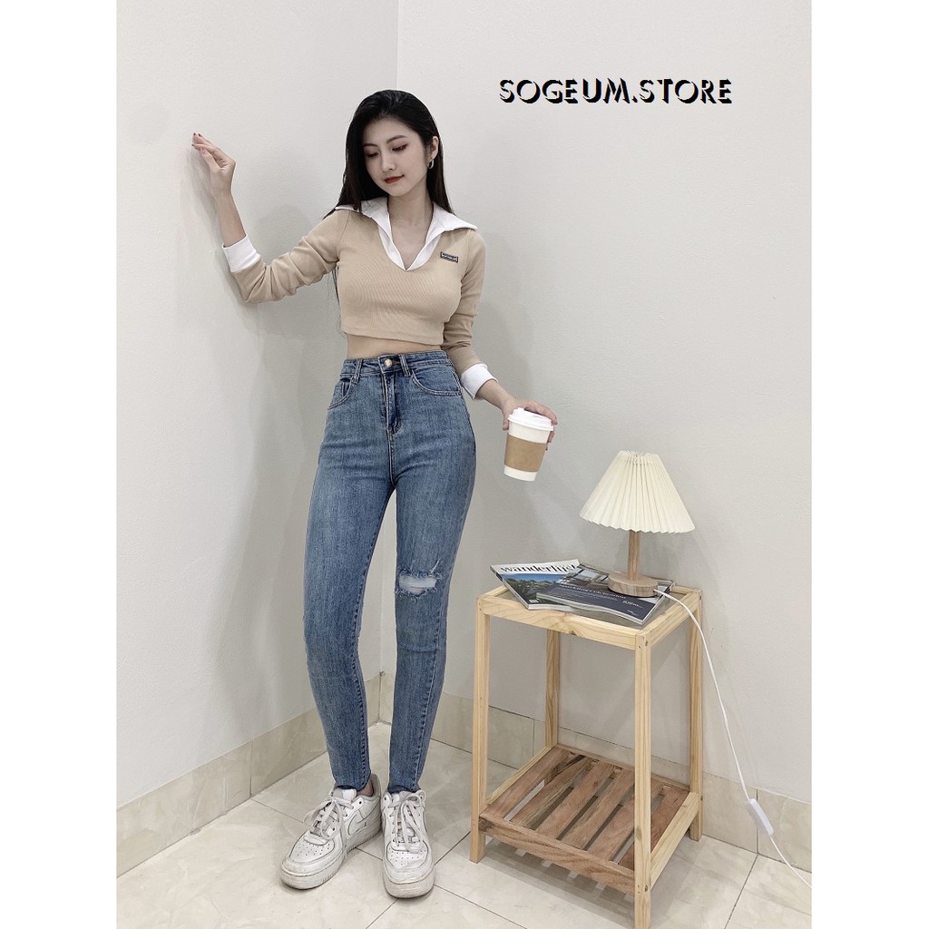 Quần jean nữ lưng cao co giãn, quần bò rách gối ống côn ảnh thật 697 sogeum.store