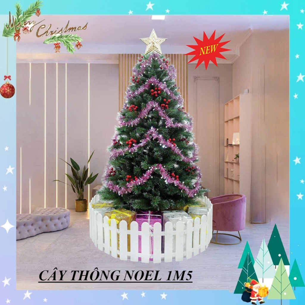 Cây thông noel 1m5 - cây thông noel cước lăn sơn gắn trái đỏ   - loại cây treo tán lá dày trang trí giáng sinh ( LP-THM)