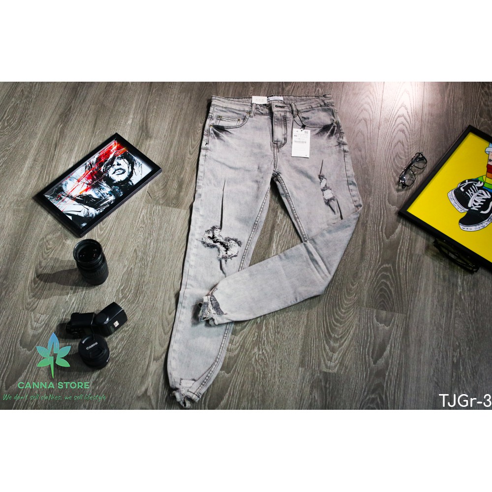 Quần Jeans nam xám ống túm - chất liệu jean cao cấp - phong cách Hàn Quốc đường nét rách tinh tế, kết hợp công nghê AI