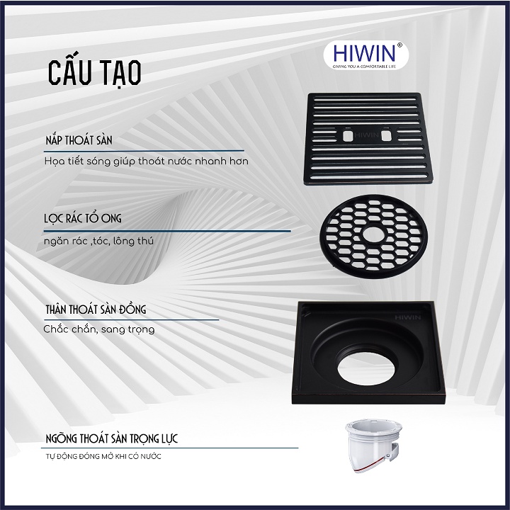 Phễu thoát sàn ngăn mùi hôi thoát nước nhanh đồng mạ đen kích thước 100x100mm HIWIN FD-1410B