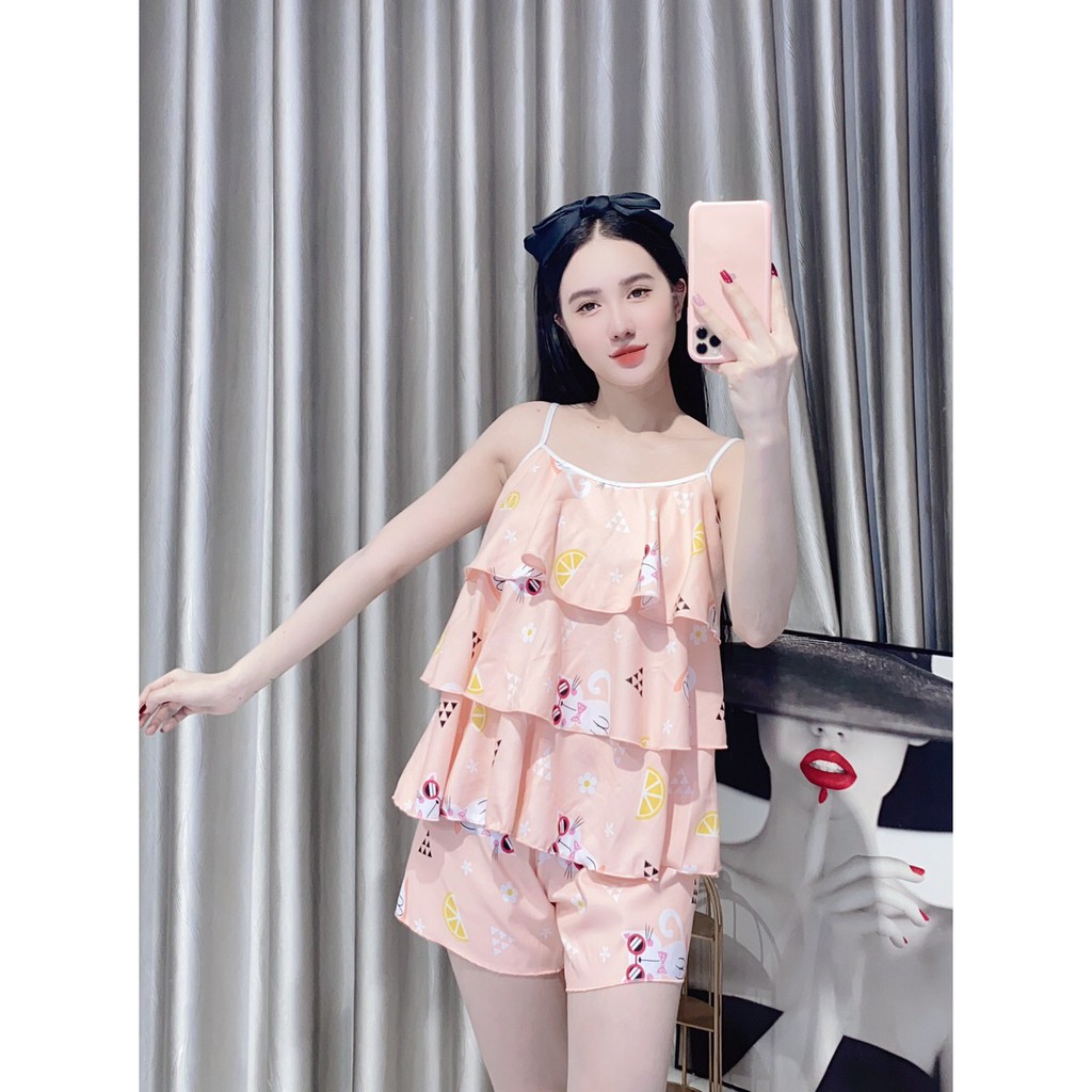 Đồ bộ ngủ, đồ bộ đùi lụa hàn 2 dây bèo 3 tầng siêu kute | BigBuy360 - bigbuy360.vn