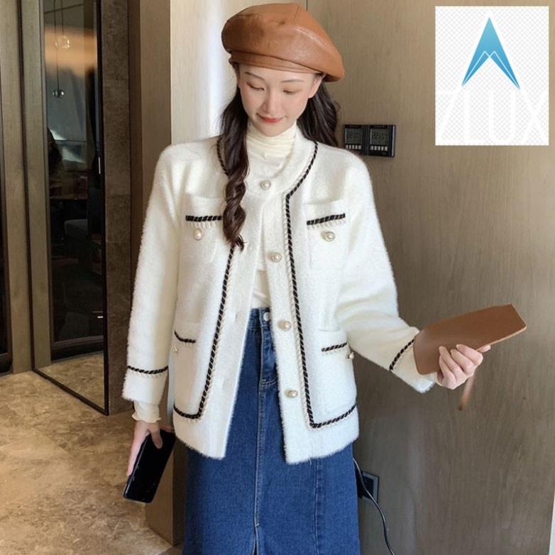 👰🤵 (ORDER) Áo khoác dạ lông mềm cổ tròn 4 túi đính khuy cườm sang trọng kiểu Pháp màu đen/trắng 👰🤵
