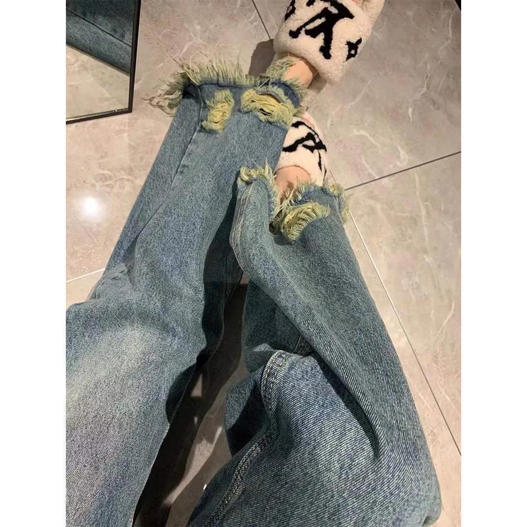 Jiashucheng Quần Jean Rách Lưng Cao Phối Tua Rua Rách Đường Phố Mùa Xuân Hè Cho Nữ