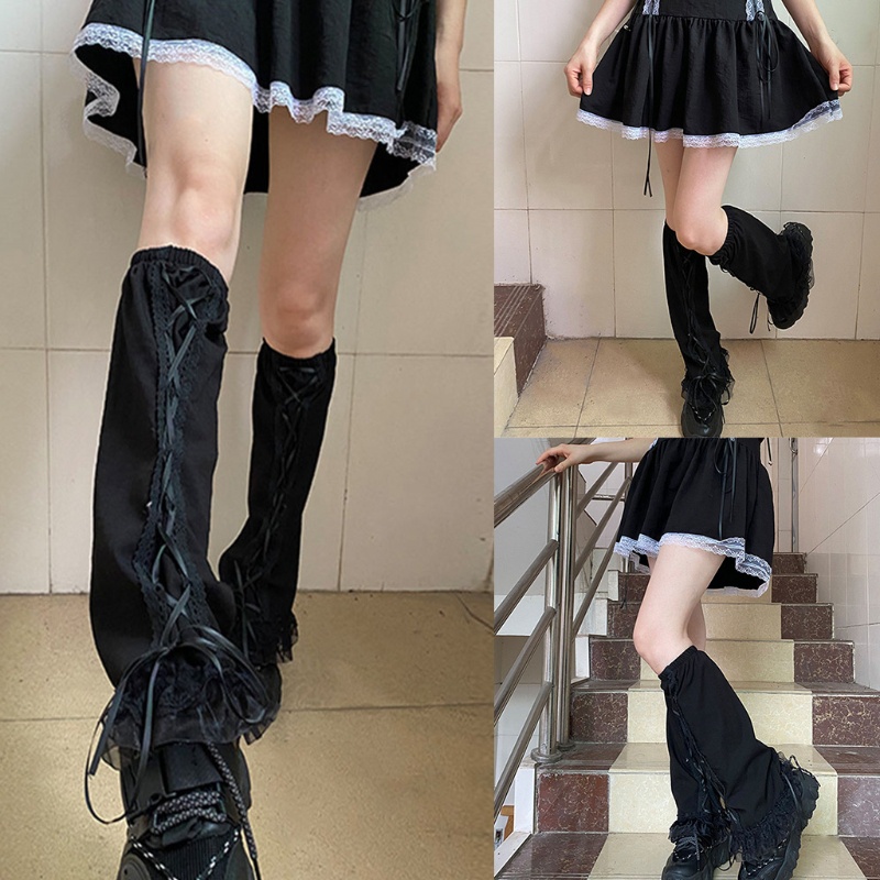 Tất ống chân phối ren bèo phong cách punk lolita cho nữ