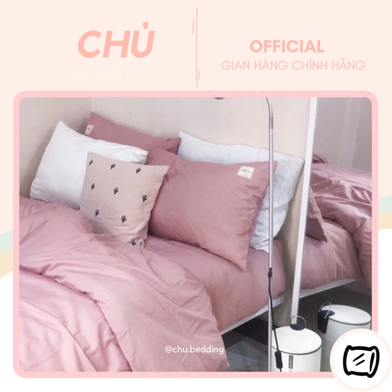 [HÀNG CÓ SĂN] Bộ chăn ga gối Cotton đũi: full hồng