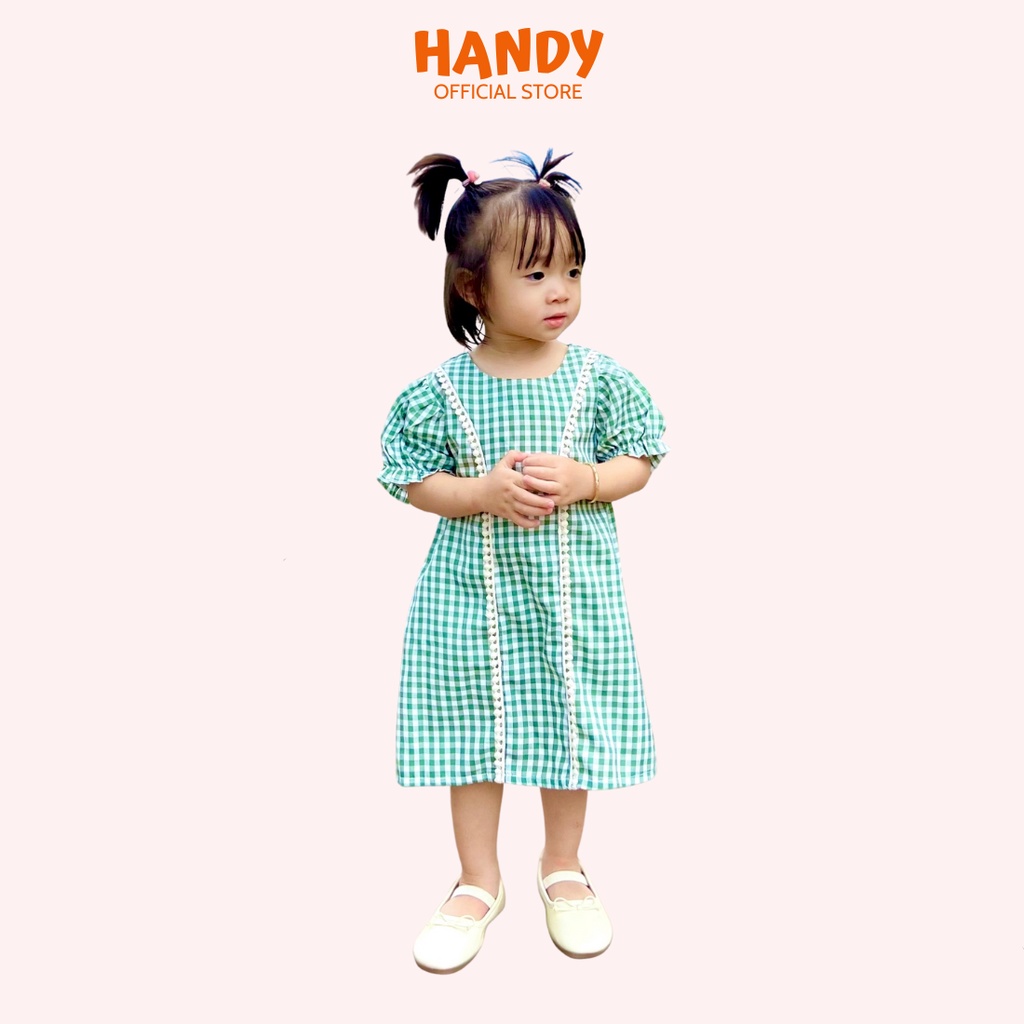 Đầm dáng A phối ren caro xanh cho bé gái