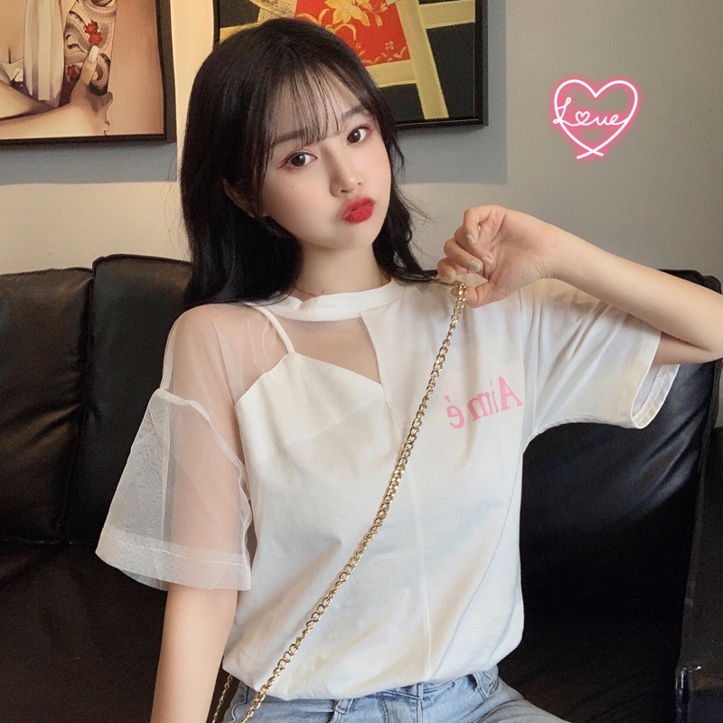 Áo Thun Tay Ngắn Phối Lưới Phong Cách Hàn Quốc Cho Nữ