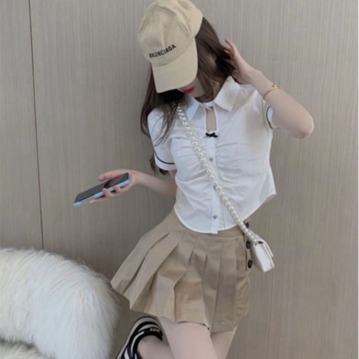 Sét Sơ Mi Trắng Dáng Ngắn Mix Kèm Chân Váy Khuy Xẻ Hàng Quảng Châu chất đẹp dễ thương thời trang FreeShip C