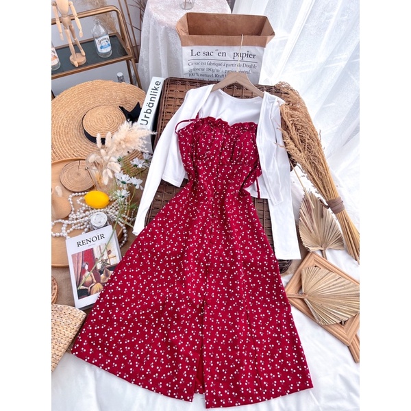 Đầm hoa nhí đỏ kèm áo khoác Cardigan