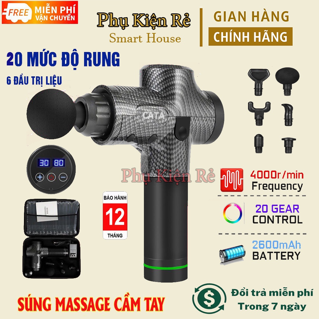 Súng massage cầm tay 6 đầu 20 cấp độ trị đau nhức toàn thân hiệu quả, máy massage cầm tay kèm 6 đầu mát xa chuyên sâu