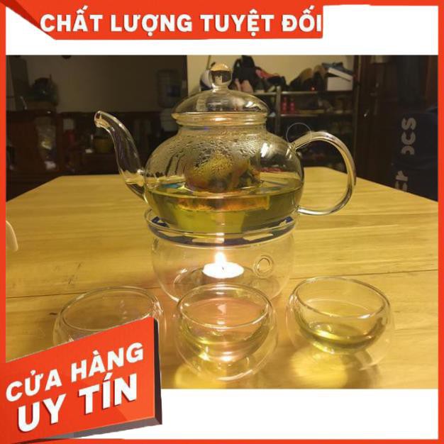 Bộ Ấm trà thủy tinh 6 chén chịu nhiệt dung tích 600ml kèm đế nến đun trà Bình trà thủy tinh tiệc trà đun nóng