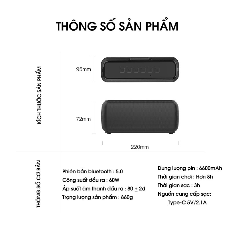 Loa bluetooth PKCB92 không dây 60W IPX5 sạc nhanh Type C Chip DSP - Hàng chính hãng