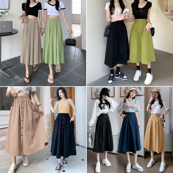 Chân váy nữ lưng cao dáng dài midi nhiều mẫu đẹp dễ phối đồ có 1 lớp lót