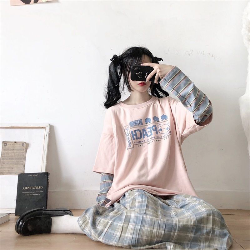 Áo thun dài tay cổ tròn giả hai lớp dáng rộng phong cách xuân thu hàn quốc dành cho nữ