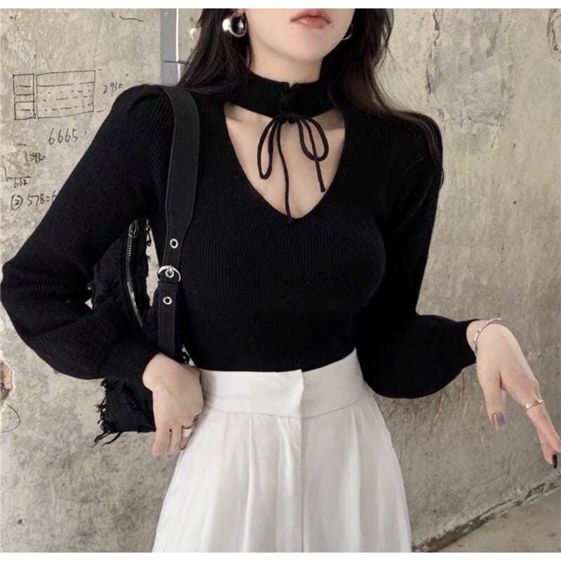 Áo kiểu thun croptop tay dài cổ lọ phối tim cho nữ