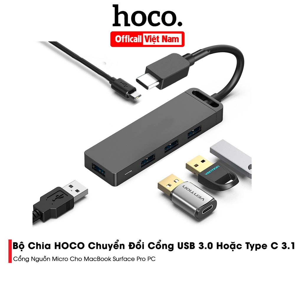 Bộ Chia HOCO Chuyển Đổi Cổng USB 3.0 Hoặc Type C 3.1 Với Cổng Nguồn Micro Cho MacBook Surface Pro PC