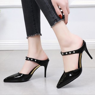 (Bảo hành 12 tháng) Giày cao gót nữ quai ngang cổ chân phối đinh - Giày da bóng 2 màu Đen Kem gót cao 9cm - Linus LN1748