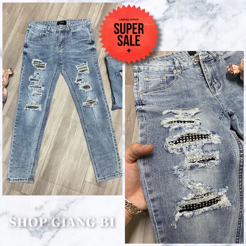 Quần jean nam đính đá trắng,quần bò họa tiết đính đá to rách xước wash màu khói bạc