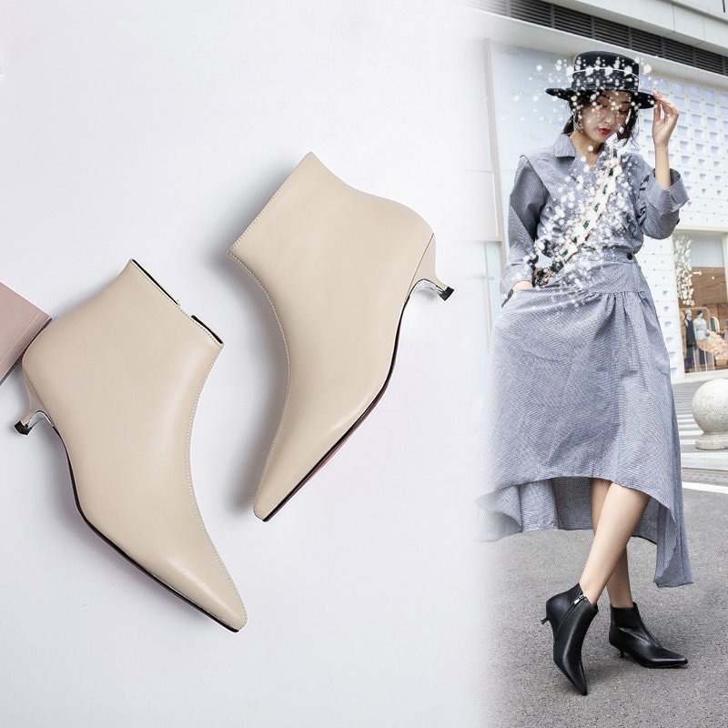 Giày Bốt Cao Gót 3cm Mũi Nhọn Màu Sắc Nude Thời Trang Cho Nữ