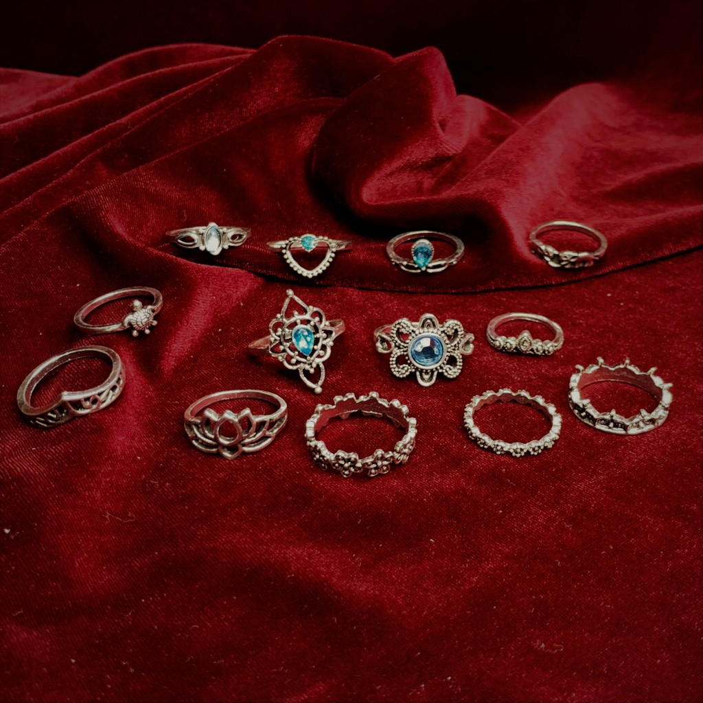 [Xả kho] Nhẫn set 13 chiếc - midi rings phụ kiện trang sức phong cách bohomian vintage đại dương xanh Hades.js