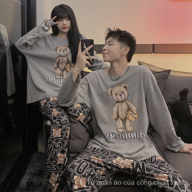 Bộ đồ ngủ tay dài in hình gấu Teddy hoạt hình thời trang xuân thu h5bb