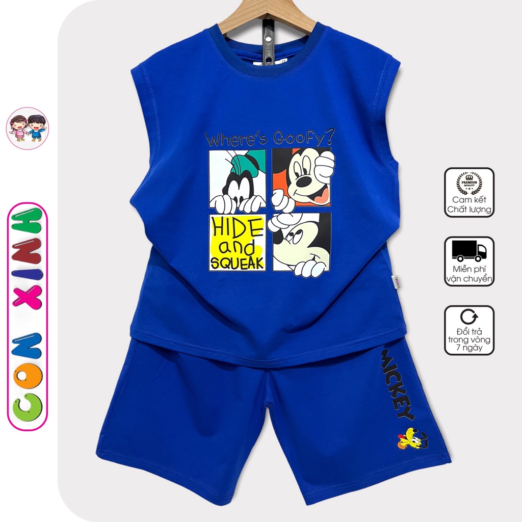 Đồ bộ bé trai Con Xinh cotton sát nách hình in 3 chú chuột MIC, thời trang mùa hè cho trẻ em từ 14 đến 45kg