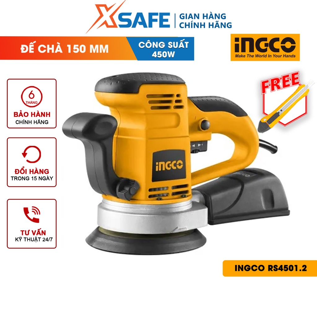 Máy chà nhám đĩa tròn INGCO RS4501.2 450W kèm đế chà nhám PU 150mm động cơ mạnh mẽ, bền bỉ, hoạt động ổn định