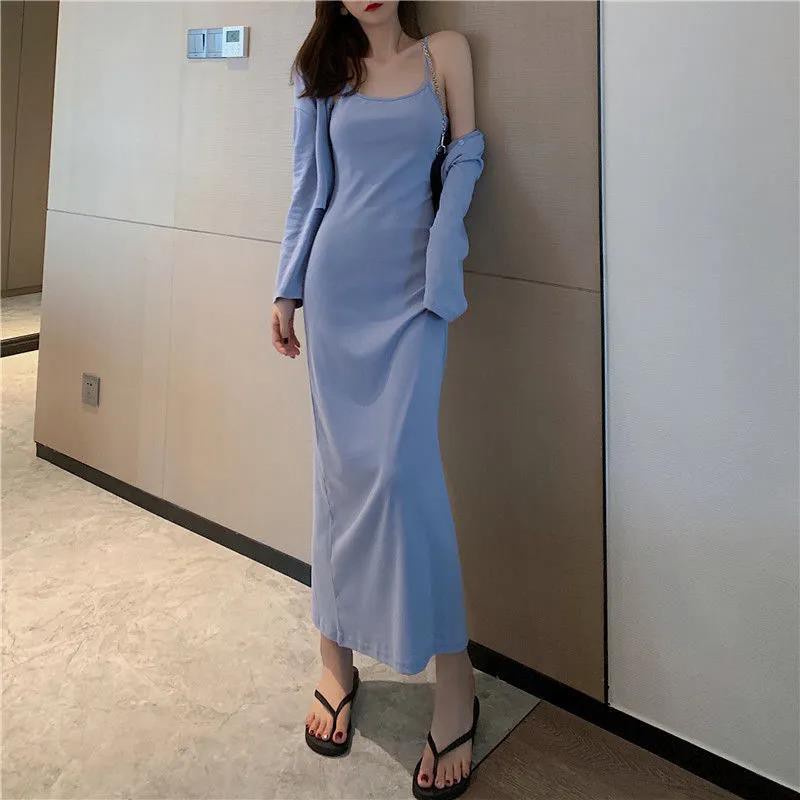 Set Đầm Maxi 2 Dây + Áo Khoác Cardigan Tay Dài Dáng Ôm Quyến Rũ Cho Nữ