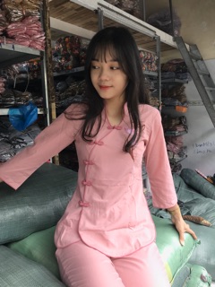 Đồ bộ đi chùa.đồ lam nữ vải kate cổ tàu xéo thêu thư pháp size 40-67kg