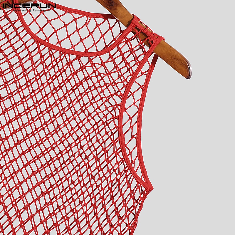 Áo lưới liền quần INCERUN xuyên thấu không tay gợi cảm cho nam