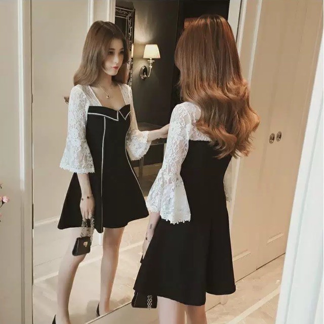 (Order) bigsize Đầm cúp ngực phối tay ren loe tiểu thư 2019